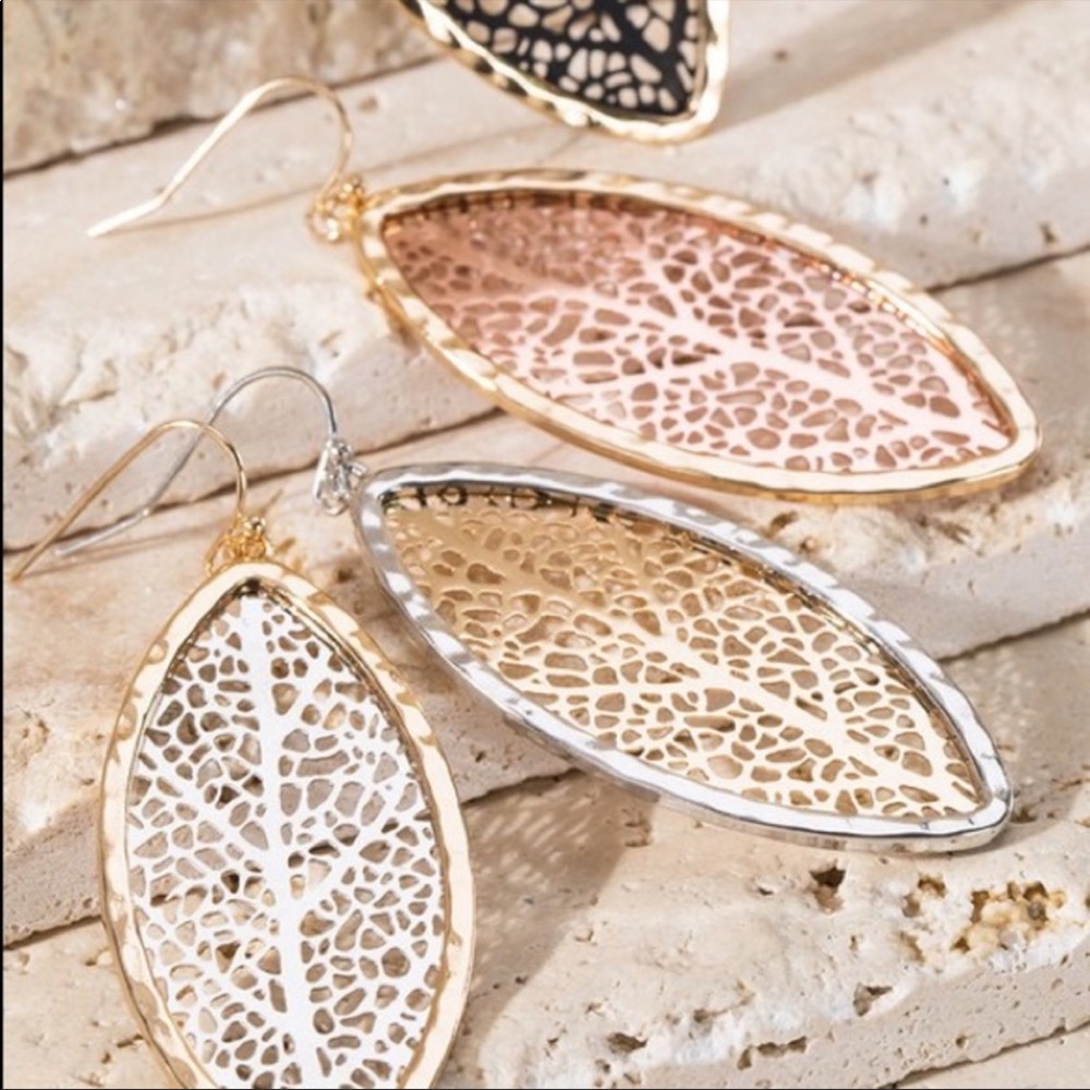 Brass Metal Leaf Filigree Earrings